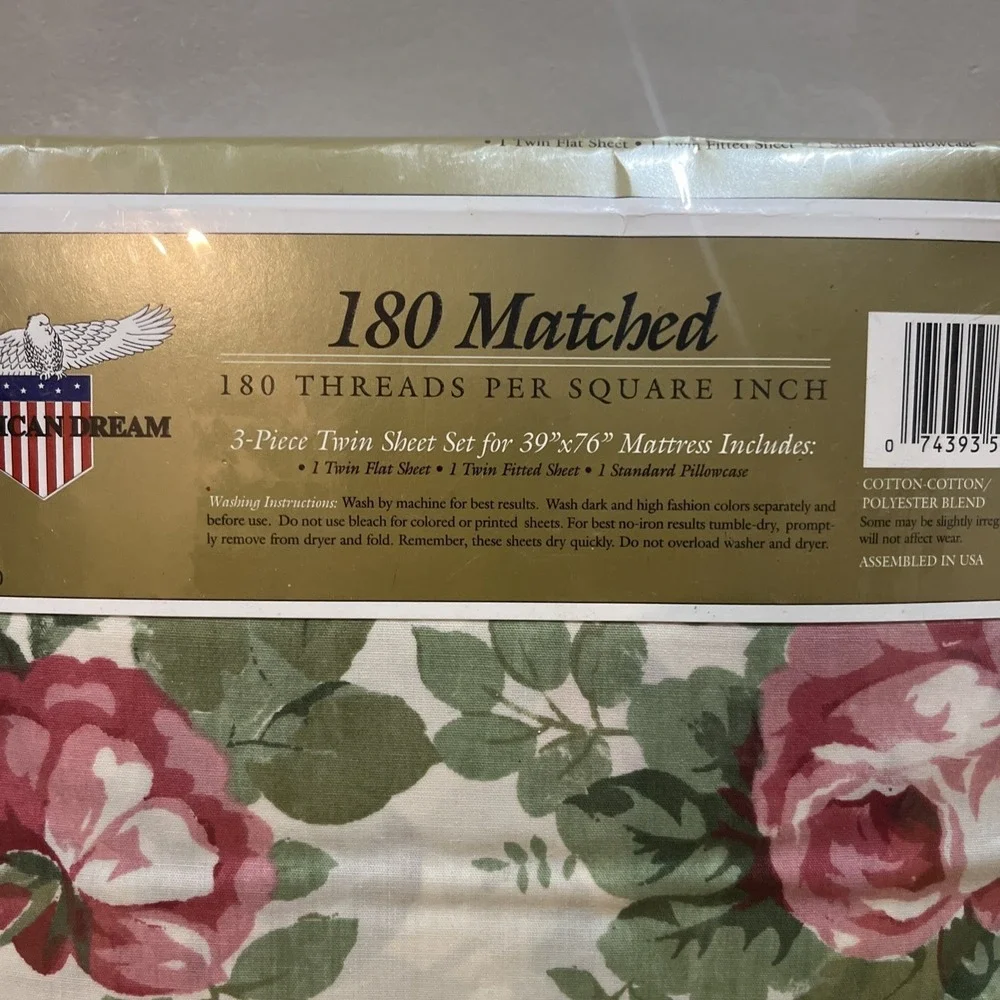Vtg American Dream Cabbage Rose Floral Cottagecore Twin Sheet‎ Set Flower NOS